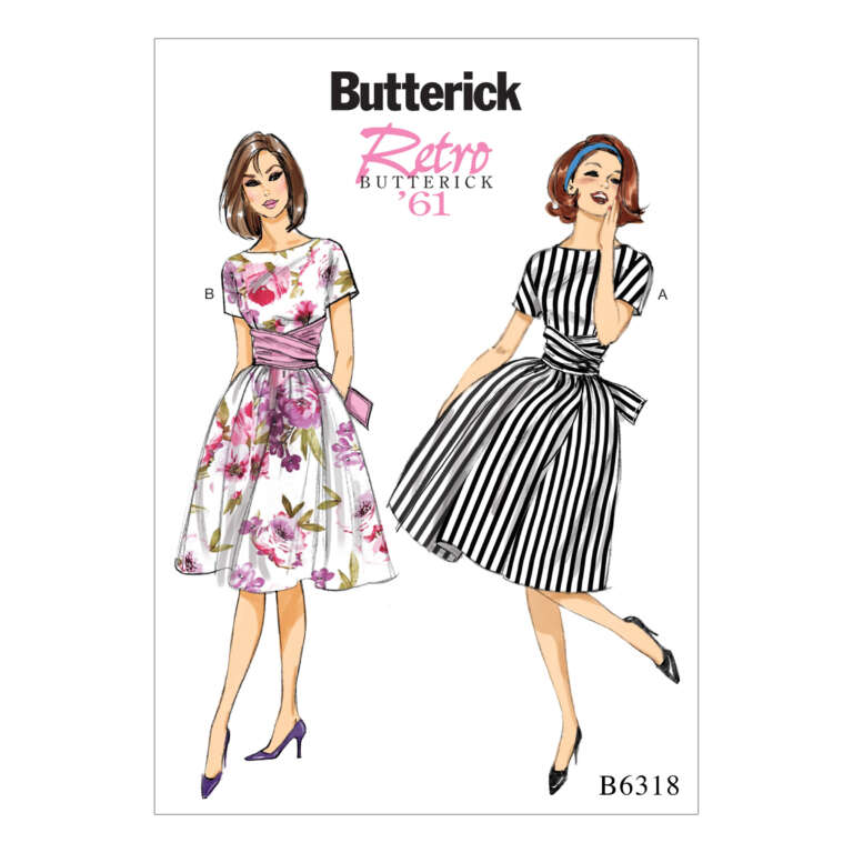 Illustration of a Butterick Retro 1961 sewing pattern for dresses. Dress A is a black and white striped design with short sleeves and a waist tie. Dress B features a floral print with short sleeves and a waist sash. Both dresses have full skirts and knee-length hems.