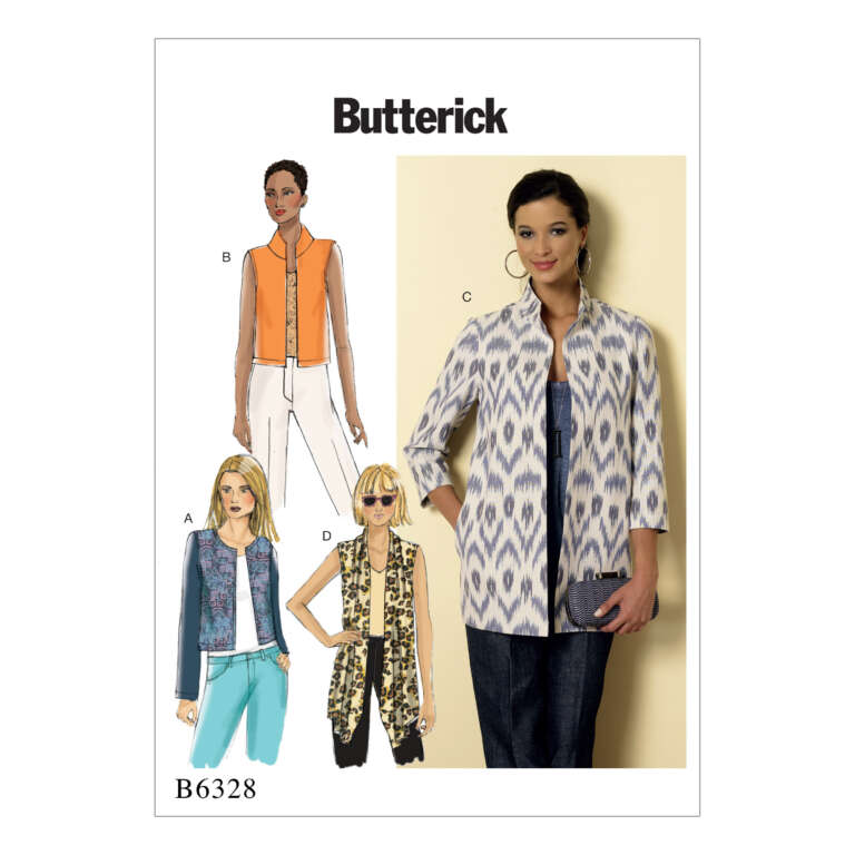 A Butterick sewing pattern cover (B6328) features illustrations and a photo of a woman wearing a stylish jacket. Designs include sleeveless, short-sleeve, and long-sleeve variations in different fabrics and prints. The background is white.