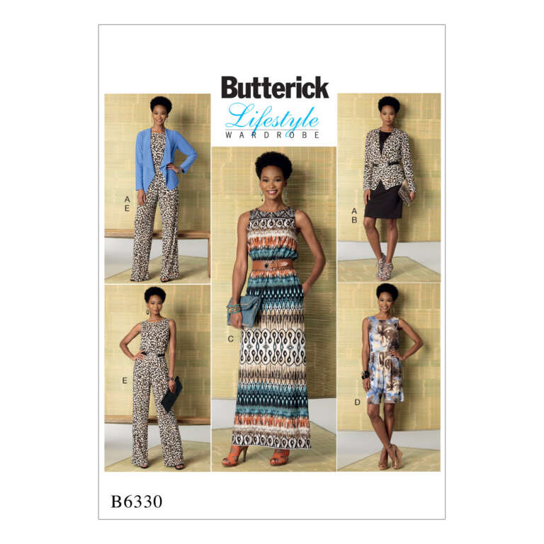 A collage of a woman modeling different outfits from Butterick Lifestyle Wardrobe pattern B6330. Outfits include printed dresses (long and short), a belted top with matching pants and outerwear options, and a printed jumpsuit. Background features a light, textured wall.