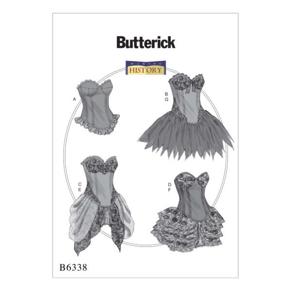 An illustration of a Butterick sewing pattern B6338, featuring four variations of a Victorian-inspired corset with different decorative elements: lace, ruffles, and layered skirts. The label "HISTORY" indicates a historical costume design.
