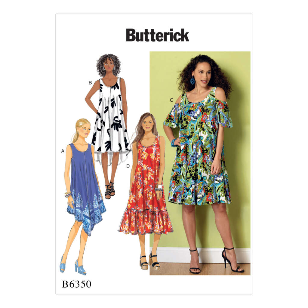 A Butterick pattern cover (B6350) showcases four different women modeling vibrant, sleeveless or short-sleeved dresses with varying lengths and styles, including A-line and flared. Each dress features unique patterns with floral and abstract designs.