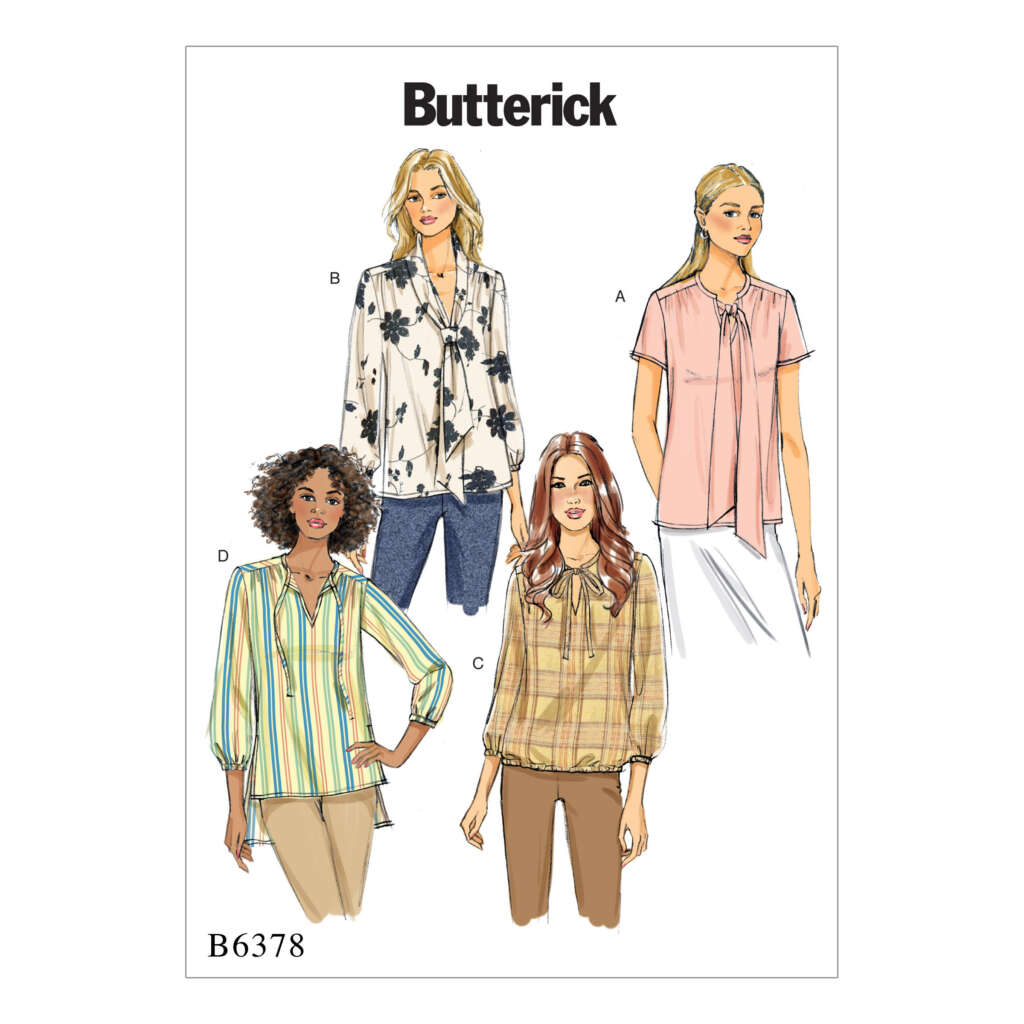 Illustration of four women modeling different blouse designs. Each blouse features unique details, such as a floral print with a tie neck (B), a solid with a bow (A), plaid with a peasant-style cut (C), and vertical stripes with a V-neck (D). Text reads "Butterick B6378.