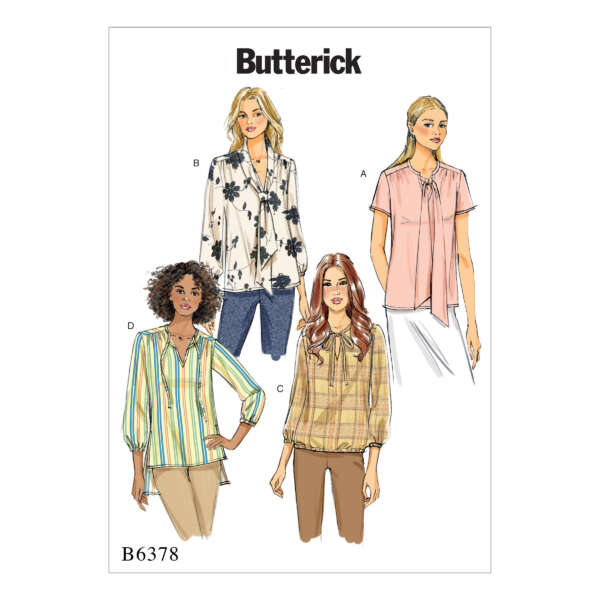 Illustration of four women modeling different blouse designs. Each blouse features unique details, such as a floral print with a tie neck (B), a solid with a bow (A), plaid with a peasant-style cut (C), and vertical stripes with a V-neck (D). Text reads "Butterick B6378.