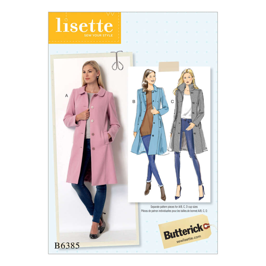 An illustrated sewing pattern cover titled "Lisette Sew Your Style" by Butterick, pattern B6385. The cover shows a model wearing a pink coat and two sketches of the same coat in blue and gray. The coat has a collar and buttons down the front.