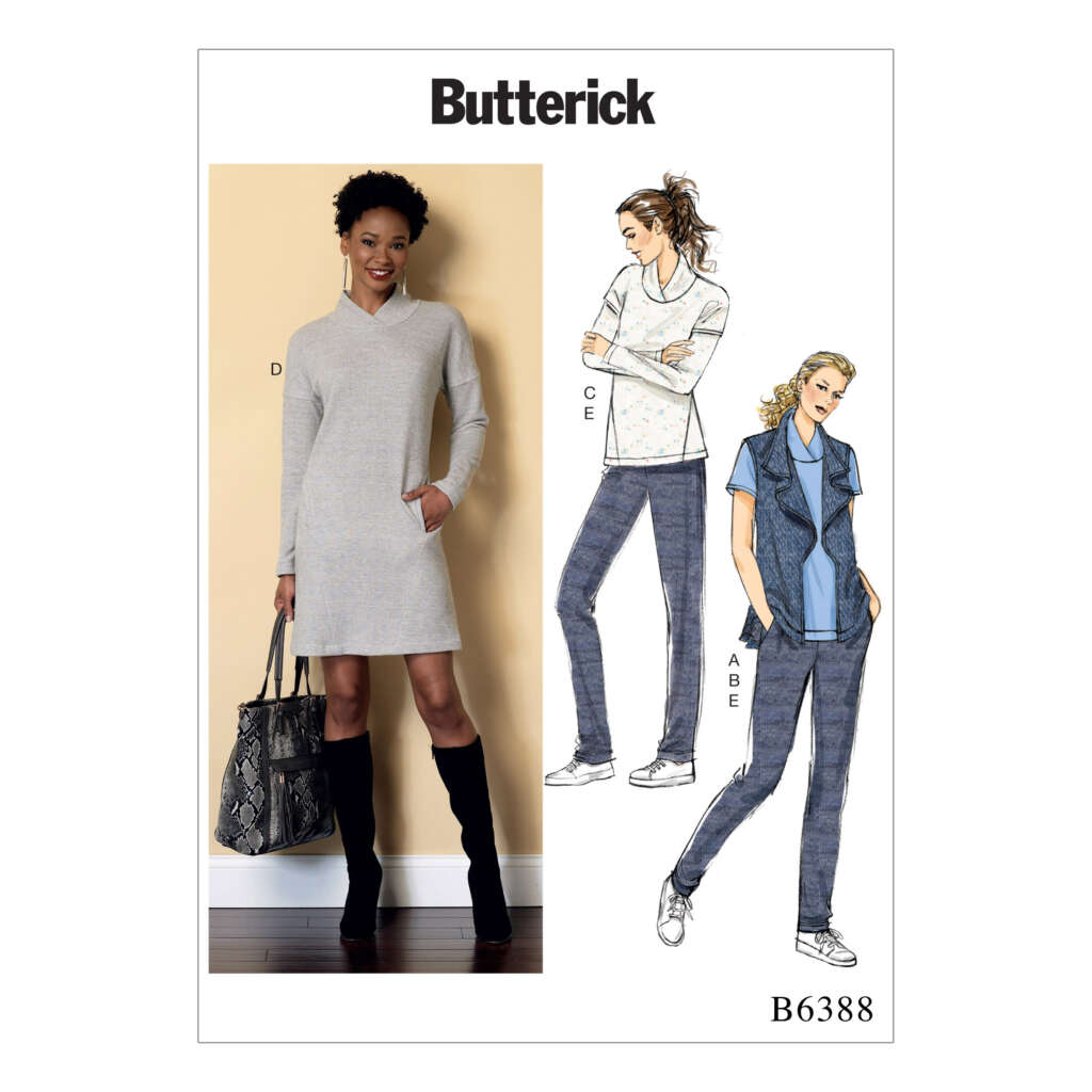 Pattern illustration for Butterick B6388. Features four women's outfits: a long-sleeve dress (D), long-sleeve top (C), short-sleeve knit top (E), and short-sleeve jacket layered over a top (A/B). Models show different styling options.