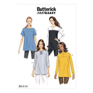A Butterick pattern cover (B6416) showing four illustrated women wearing variations of a loose-fitting top with yoke details. Variations include a blue short sleeve top (A), a white and grey striped top (B), a color-blocked black and white top (C), and a yellow long-sleeve top (D). Title text reads "Butterick FAST & EASY" at the top.