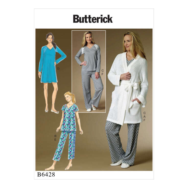 Pattern cover for Butterick B6428 showing various women's loungewear designs. Illustrations and photos depict models wearing a long-sleeved dress, pajama set, and belted robe over pajamas. Styles are relaxed and comfortable.