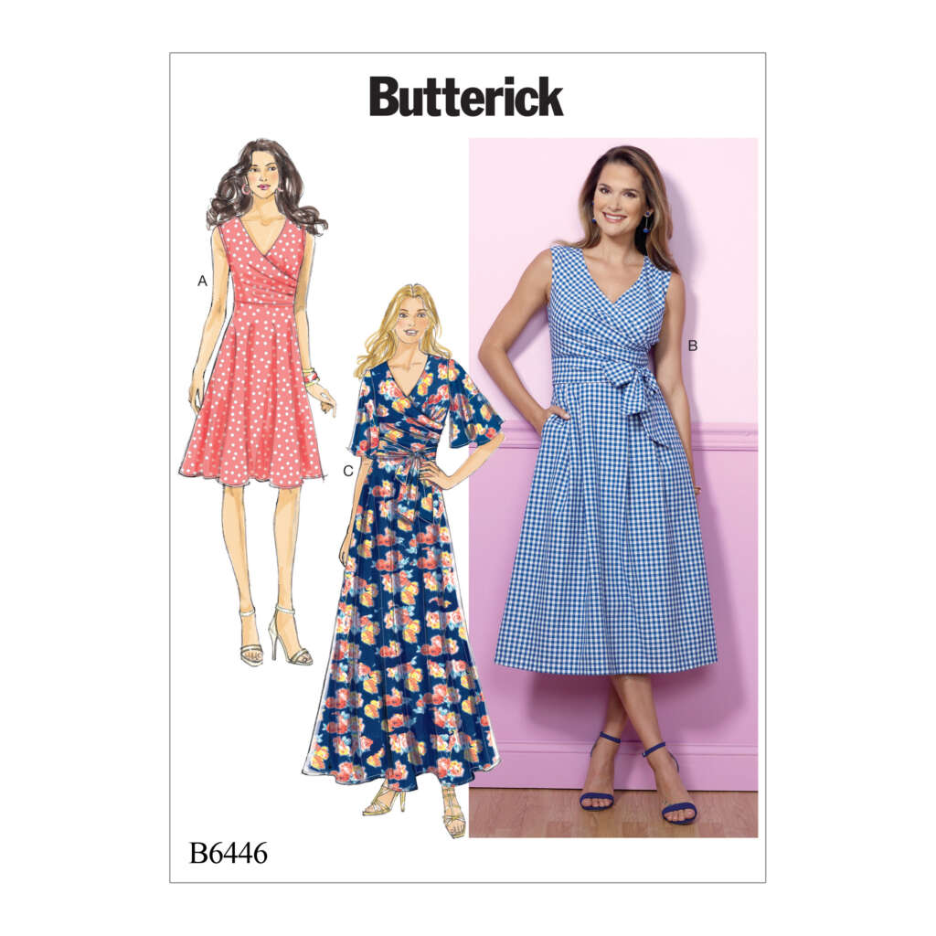 Butterick sewing pattern B6446 showcasing three dress styles: A) sleeveless red polka-dot wrap dress, B) sleeveless blue gingham wrap dress, and C) blue floral wrap dress with long sleeves. The dresses are modeled by three women, two in drawings and one in a photo against a pink wall.