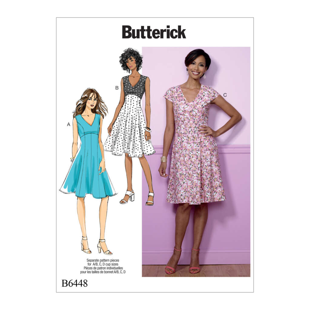 Butterick sewing pattern B6448. It shows a real woman wearing a flower-patterned dress and two illustrated women modeling different versions of the same dress pattern, one in a blue dress (design A) and one in a black polka-dot dress (design B).