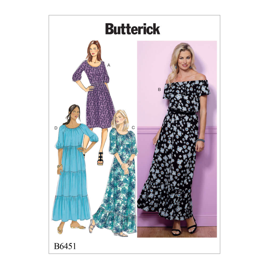 Butterick sewing pattern B6451 showcases four women's dress designs. Options include two short-sleeve dresses, one worn by a model in a black floral print. The other illustrated dresses are purple, green floral, and blue tiered, each with varied sleeve styles and lengths.