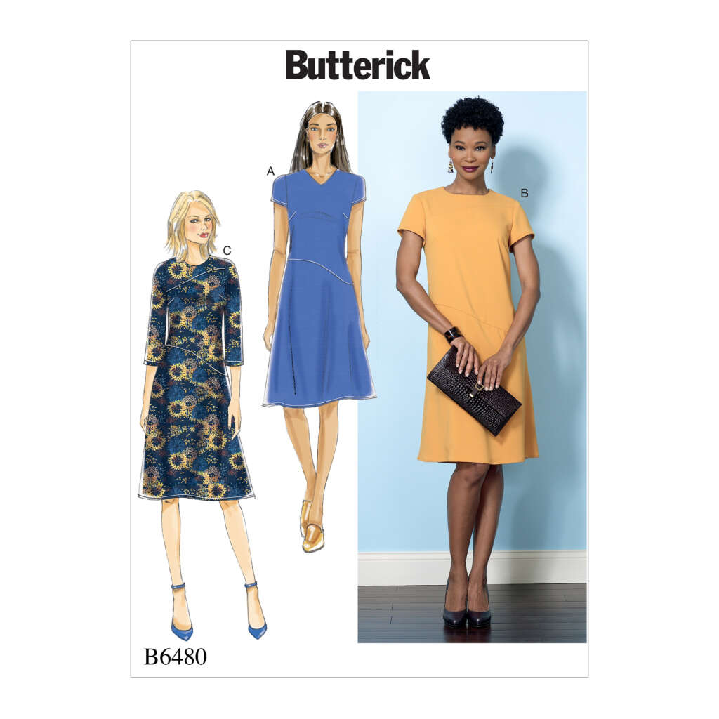 A Butterick sewing pattern cover, B6480, featuring designs for women's dresses. Three variations are shown: A - a short-sleeved blue dress, B - a short-sleeved yellow dress, and C - a navy blue floral dress with three-quarter sleeves.