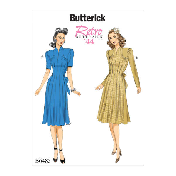 A Butterick sewing pattern (B6485) for "Retro Butterick '44" dresses. Two illustrations of women are shown wearing vintage-style dresses, one in blue (A) with puffed sleeves, and one in gold (B) with pleated details. Both dresses have waist ties and A-line skirts.