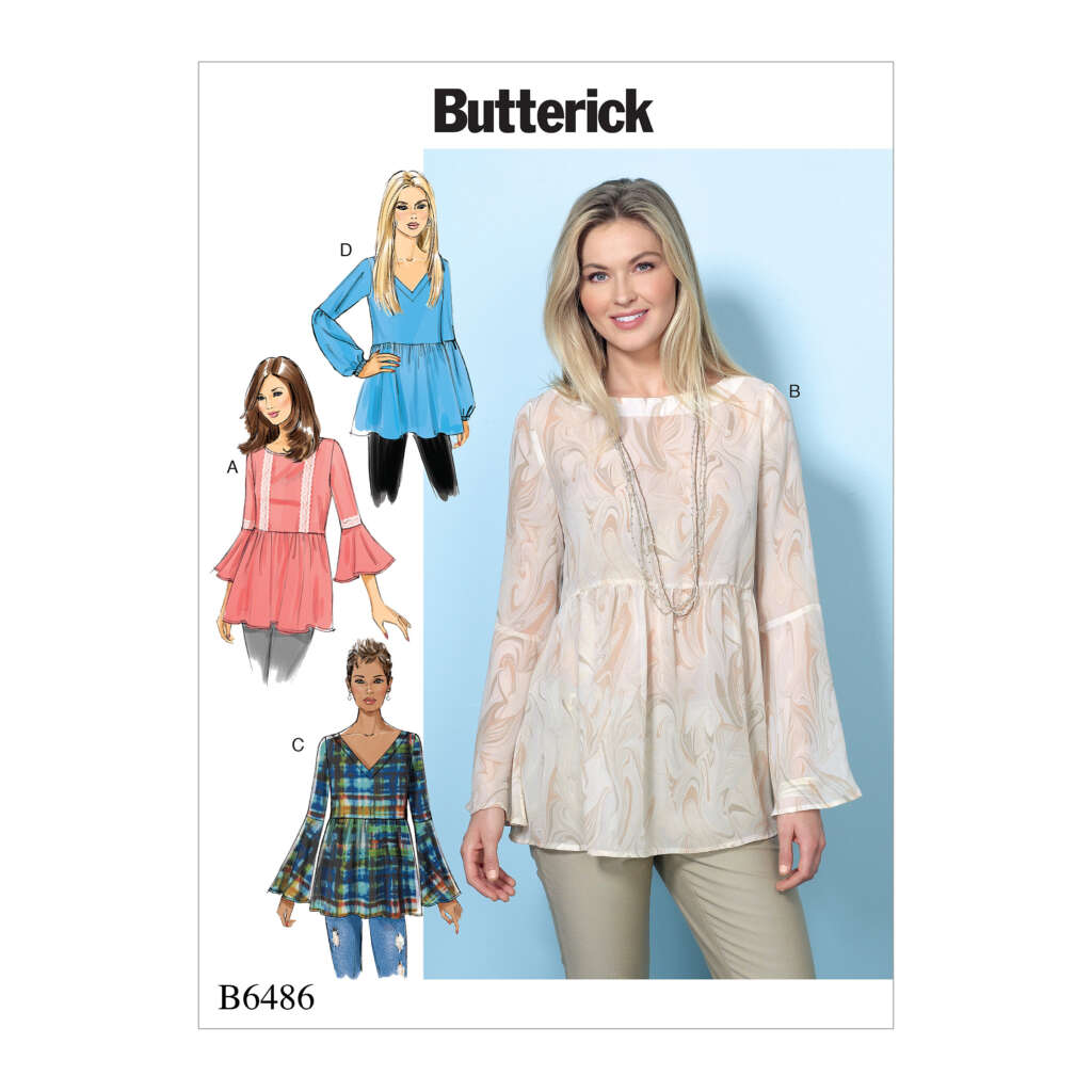 Butterick pattern B6486, featuring a model wearing a light beige peasant blouse with bell sleeves. The cover also shows illustrations of three other tops in different styles: A is pink, D is blue, and C is a plaid pattern.