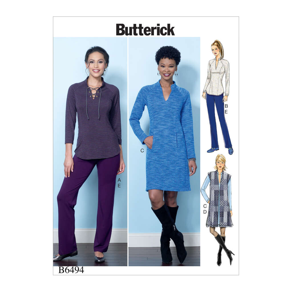 Butterick sewing pattern B6494 cover showing two women modeling clothing. Left woman wears a purple long-sleeve top with lace-up neckline and matching pants. Right woman wears a light blue long-sleeve dress. Drawings of similar garments are also displayed.