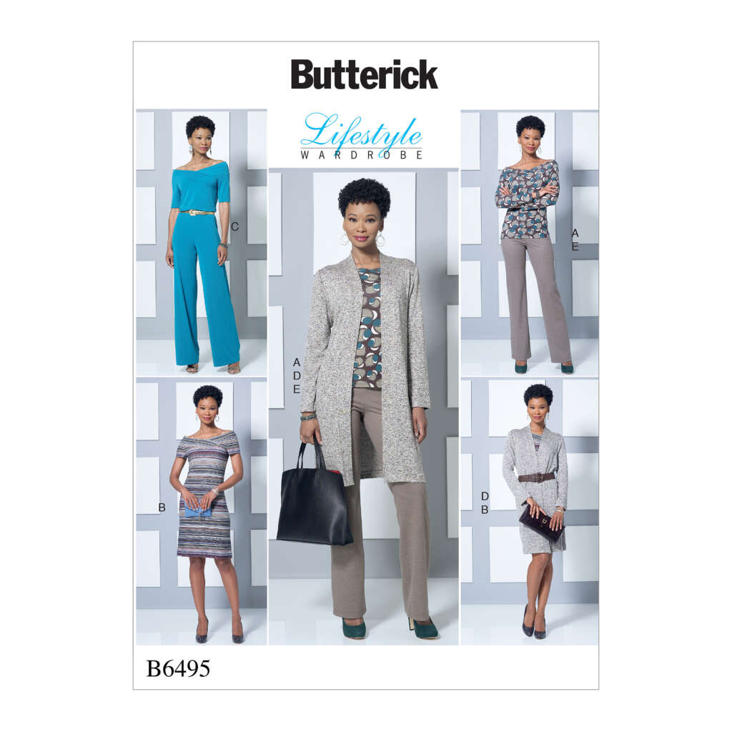 Butterick sewing pattern B6495 cover featuring various women's outfits. The model showcases multiple wardrobe options: a teal jumpsuit, printed tops with trousers or skirts, and a long grey cardigan. Text includes "Butterick Lifestyle Wardrobe" and "B6495.