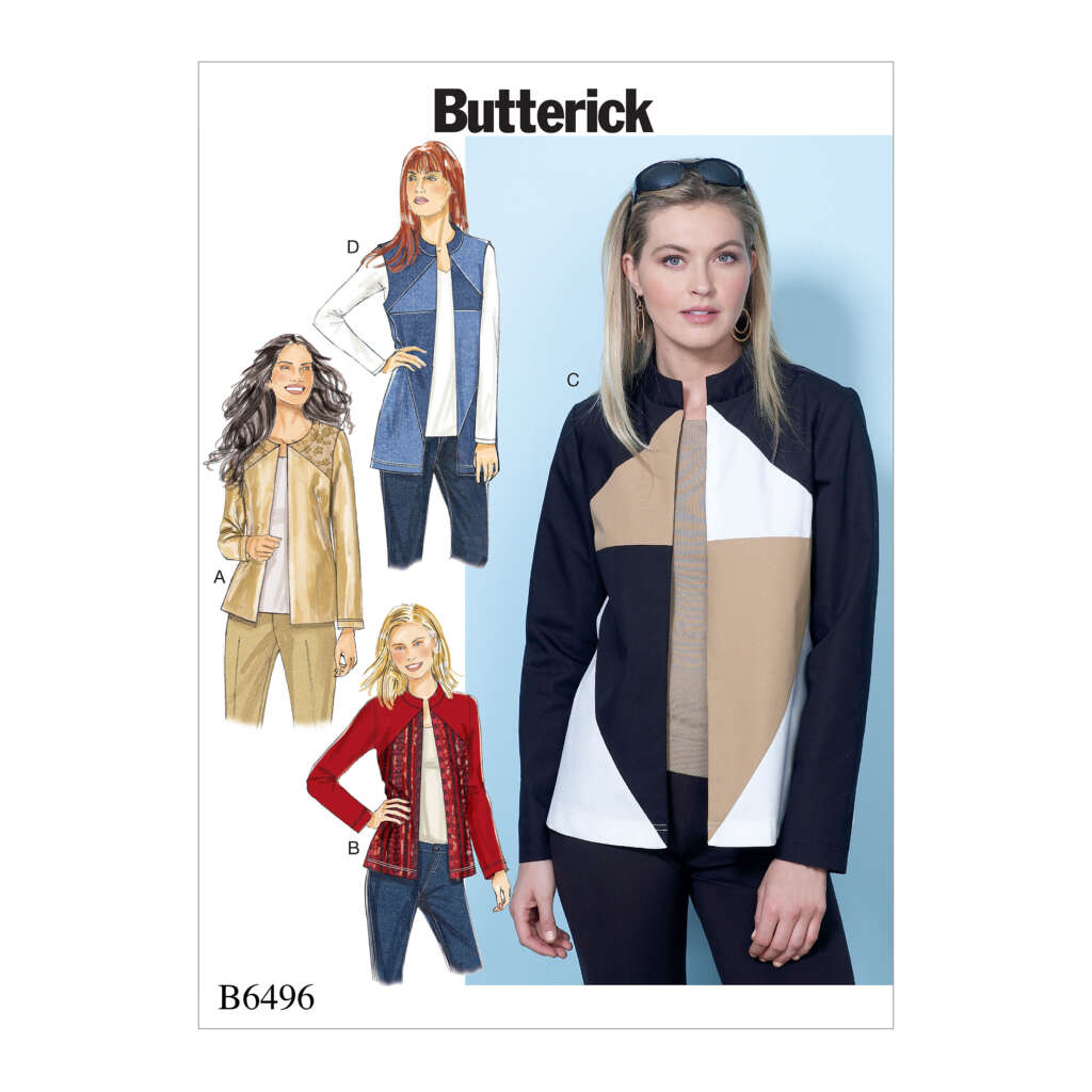 Pattern envelope for Butterick B6496, featuring a collage of four women wearing different styles of color-blocked jackets. The largest image shows a blonde woman in a black, tan, and white jacket. Other styles include a long-sleeved red jacket and a gold and white combination.