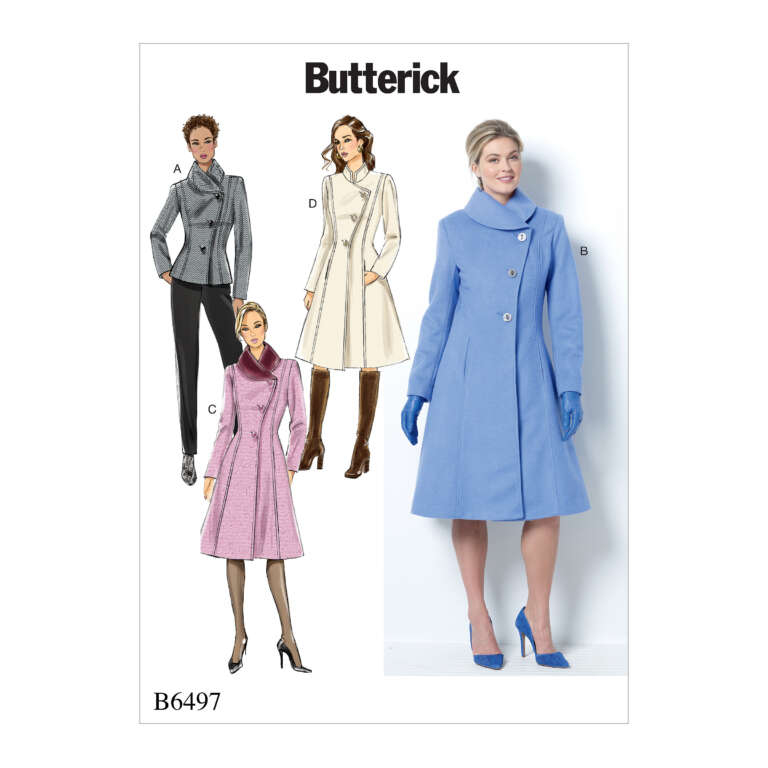 Butterick sewing pattern B6497 showing a photo and illustrations of a woman wearing a long, double-breasted coat with buttons, in various colors and styles, including casual and formal looks. The designs feature both knee-length and mid-thigh variations.