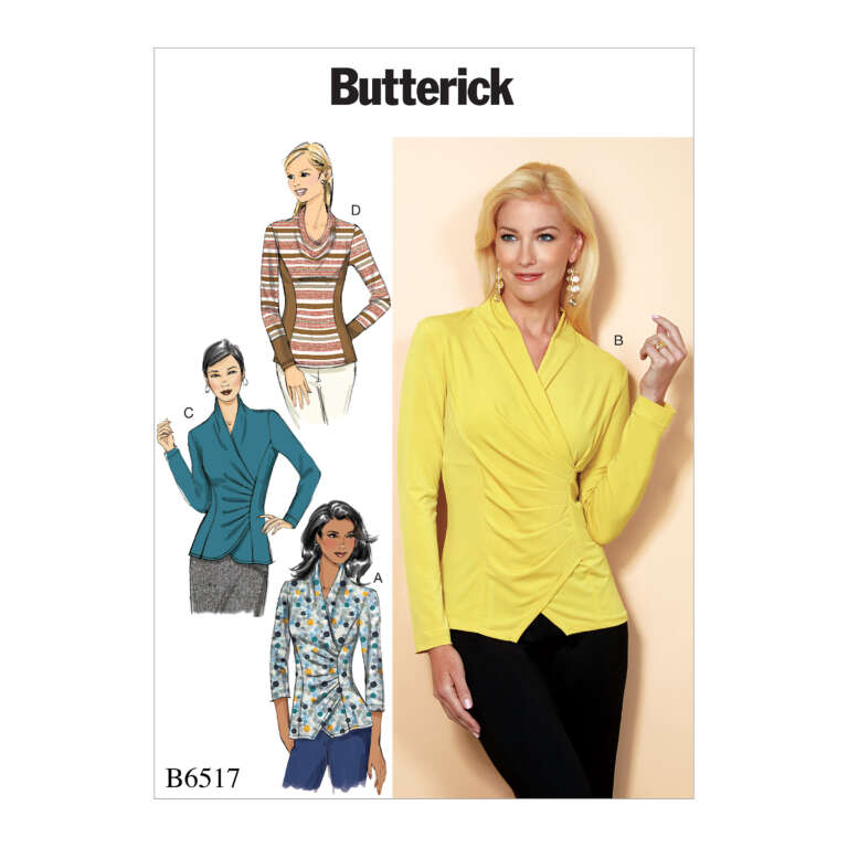 A Butterick sewing pattern (B6517) featuring a long-sleeved, V-neck, gathered side blouse in four styles. Illustrations A, C, and D show different colors and fabrics, while a model shows off style B in a yellow blouse.