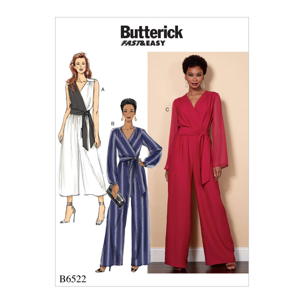 McCall's sewing pattern Butterick B6522 showing three variations of a women's wrap jumpsuit: A) sleeveless, white; B) long sleeves, blue with stripes; and C) long sleeves, solid red, worn by a model. The pattern is categorized as "Fast & Easy.