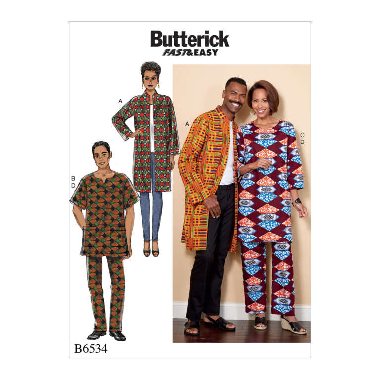 Pattern cover for Butterick B6534 showcasing "Fast & Easy" sewing patterns. The image shows two men and one woman modeling colorful tunics and pants in various African-inspired prints. Diagrams of both men’s and women's outfits are visible on the left.