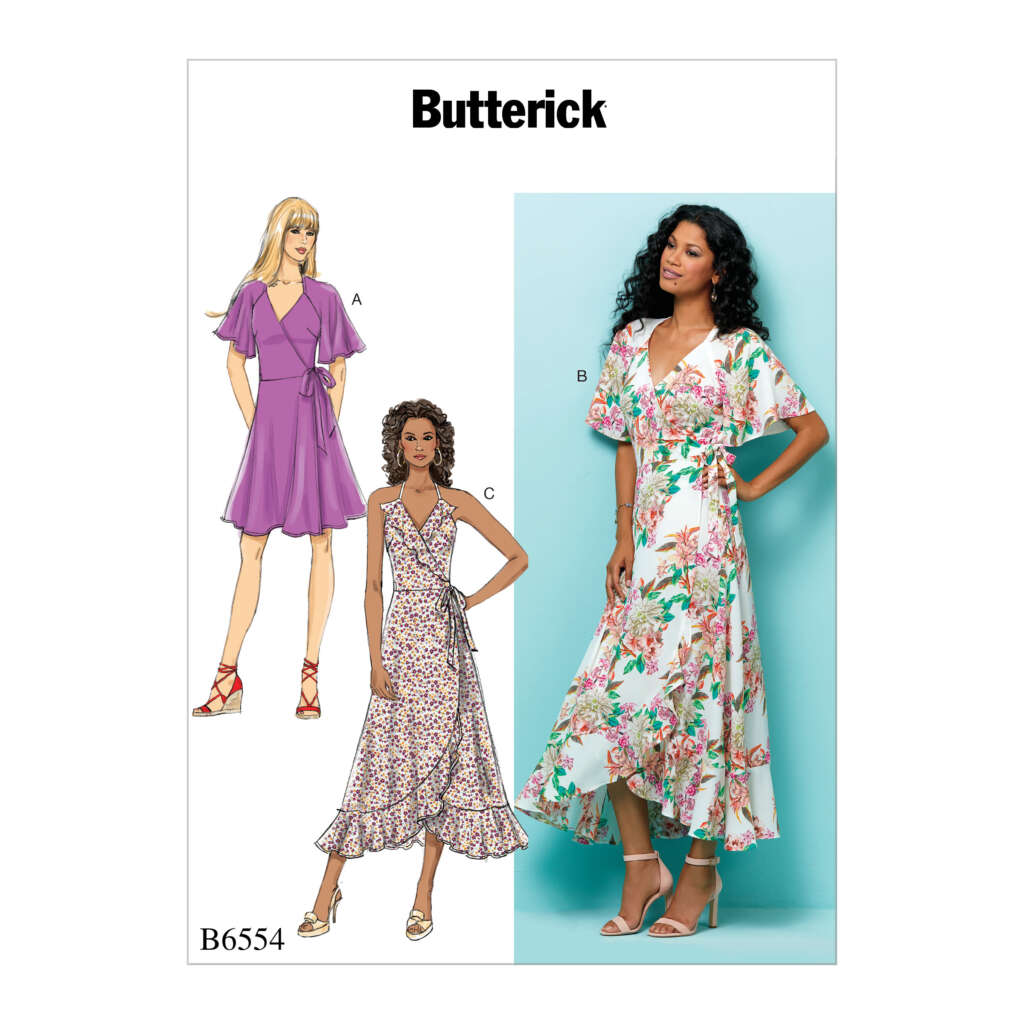 Pattern cover for Butterick B6554, featuring three dress designs. View A is a short-sleeve, short dress in purple. View B is a short-sleeve, long floral dress worn by a model. View C is a sleeveless, long dress in a multi-colored pattern.