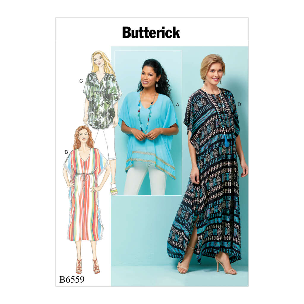 Butterick pattern B6559 showcases various styles of women's loose, flowing tops and dresses. The cover features a central photo of a woman in a light blue top, with illustrated designs around her of more tops and dresses in different prints and lengths.