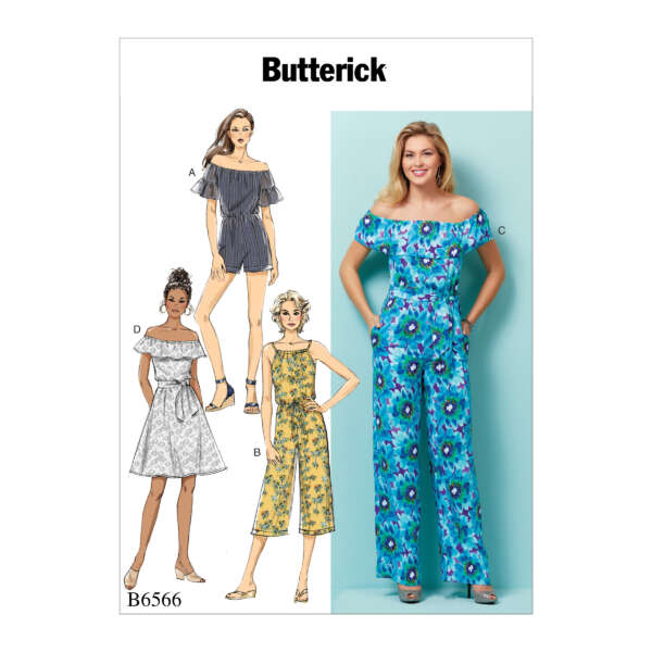 The image displays a Butterick sewing pattern labeled B6566, featuring four variations of off-the-shoulder jumpsuits and dresses. There are sketches of three models wearing different styles (A, B, D) and one model wearing the finished version (C) in a floral print.