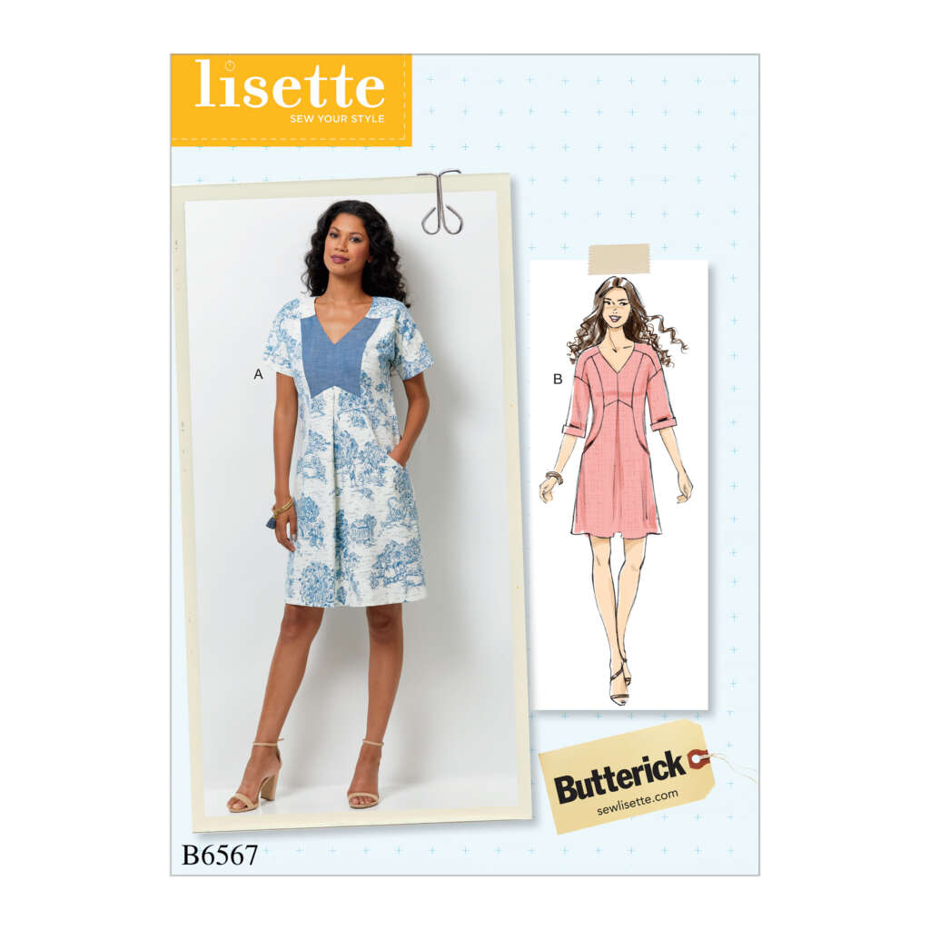 Pattern cover showing Lisette Sew Your Style Butterick B6567. Includes a photo of a model wearing a blue patterned dress with blue accent panels (View A) and an illustration of a pink dress with three-quarter length sleeves and notched neckline (View B).