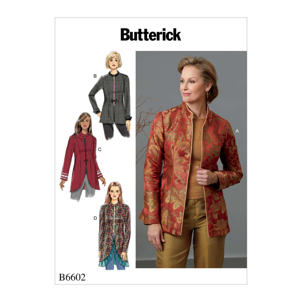 Butterick sewing pattern B6602 cover showing a woman modeling a red and gold brocade jacket (View A). Includes illustrations of three alternative jacket styles (Views B, C, and D), featuring different lengths, fabrics, and details.