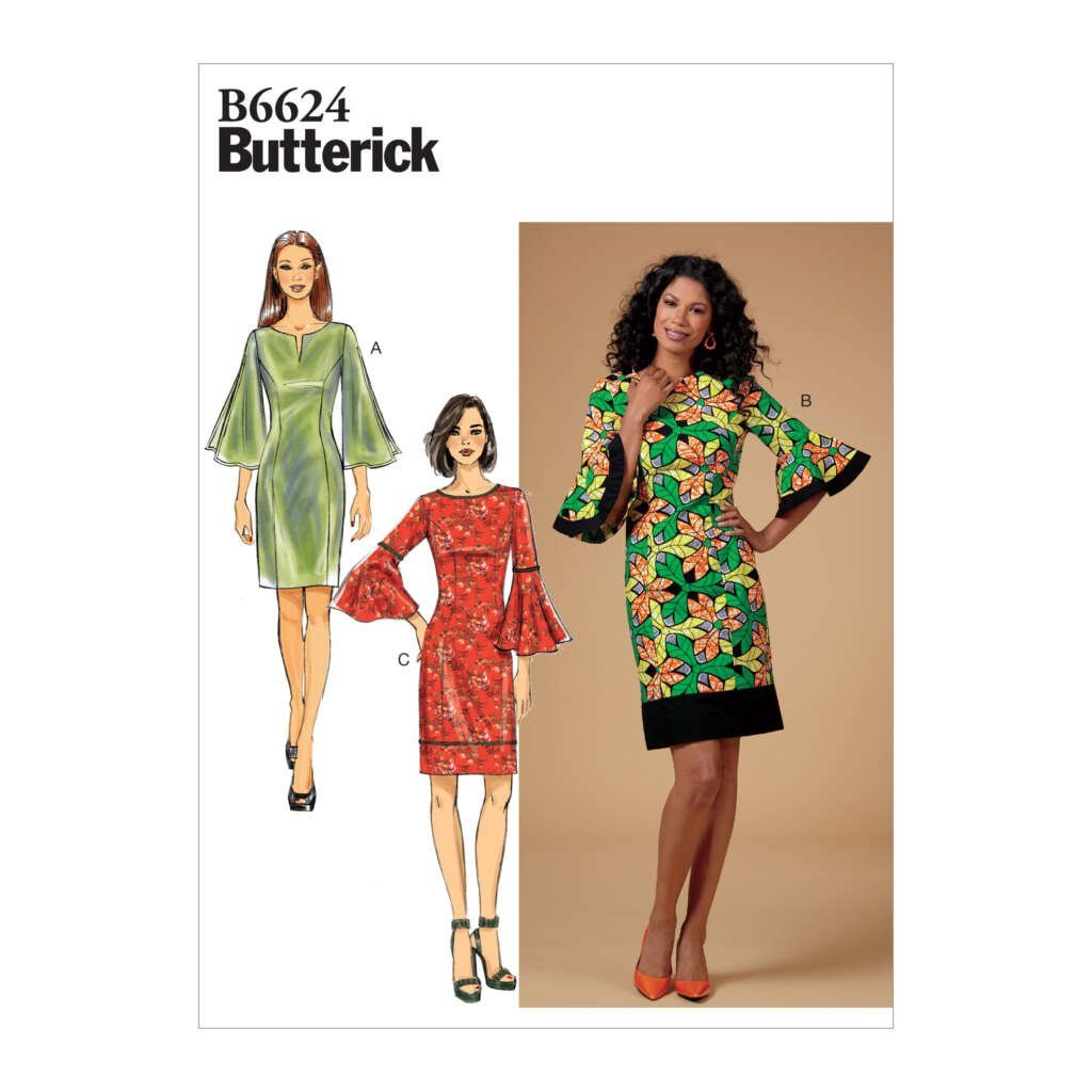 A sewing pattern cover labeled "B6624 Butterick" featuring three women wearing different versions of a dress with flared sleeves. Patterns include a green dress (labeled A), a red dress (labeled C), and a floral dress with black trim (labeled B).