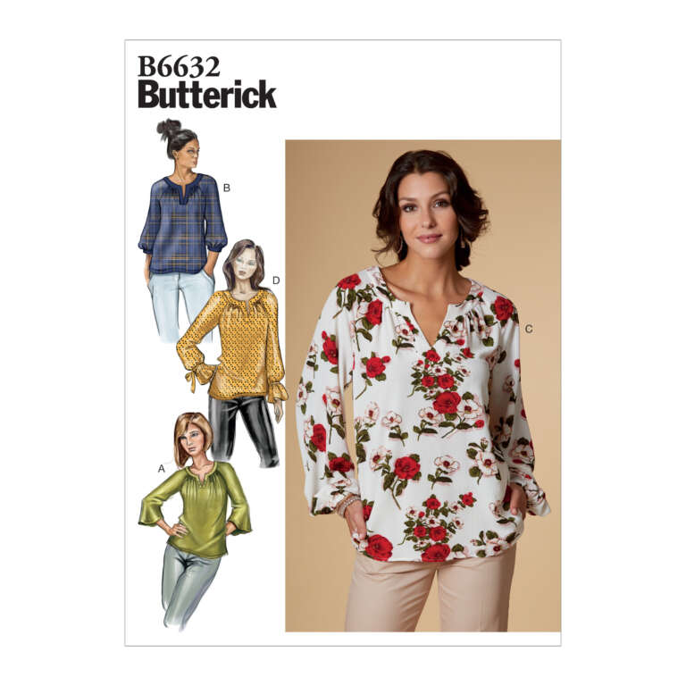 Butterick pattern B6632 showcases four different women's blouse designs. A live model wears a white blouse with a floral print (C). Three illustrated designs feature a green blouse (A), a blue plaid blouse (B), and a yellow blouse with a pattern (D).