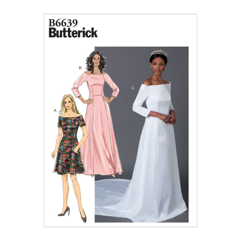 A Butterick pattern cover labeled "B6639" features three women's dresses. Dress A is a short, floral, off-the-shoulder design; Dress B is a long, pink, off-the-shoulder gown; Dress C is a floor-length, white, off-the-shoulder gown with a train, modeled by a woman wearing a tiara.