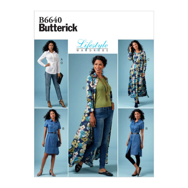 A Butterick B6640 pattern envelope features five images of a woman modeling various outfits: a white button-up shirt with jeans (A), a floral print shirt dress (B), a floral print maxi dress (C), and an open floral print duster over casual attire (D).