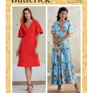 A Butterick sewing pattern (B6678) showing two women modeling dresses. Dress A is a knee-length, red V-neck dress with short puff sleeves. Dress C is a floor-length, blue floral V-neck dress with short sleeves and a tiered skirt.