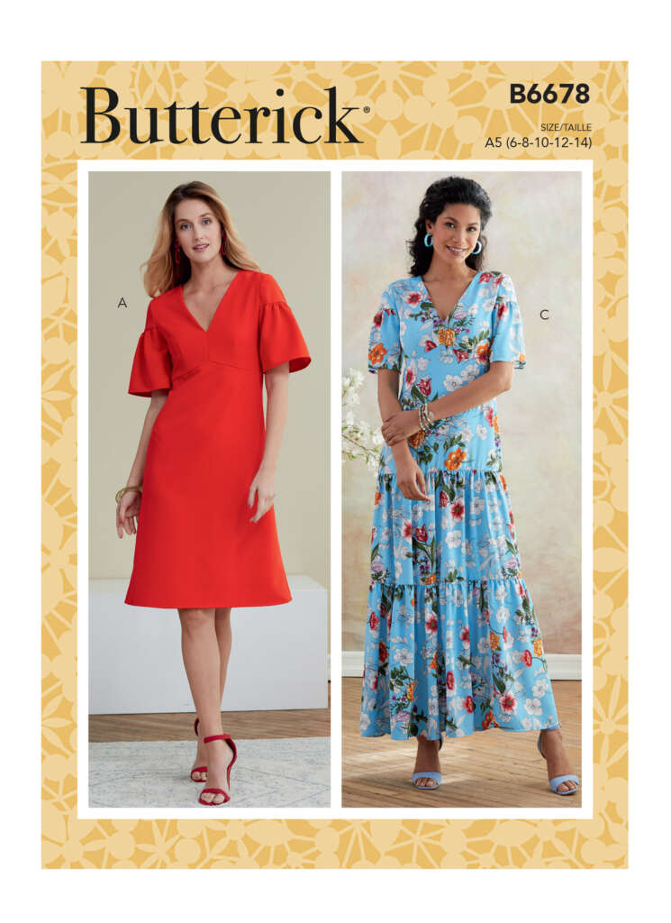 A Butterick sewing pattern (B6678) showing two women modeling dresses. Dress A is a knee-length, red V-neck dress with short puff sleeves. Dress C is a floor-length, blue floral V-neck dress with short sleeves and a tiered skirt.