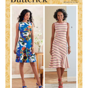 Butterick sewing pattern B6680 envelope displays two women wearing sleeveless dresses. Dress A is a knee-length floral design worn with blue heels. Dress B features a striped pattern and a ruffled hem, paired with red heels.