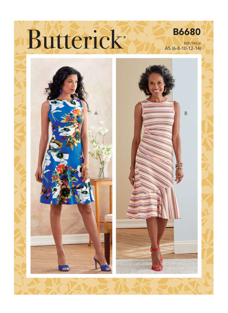 Butterick sewing pattern B6680 envelope displays two women wearing sleeveless dresses. Dress A is a knee-length floral design worn with blue heels. Dress B features a striped pattern and a ruffled hem, paired with red heels.