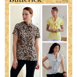 Butterick B6684 sewing pattern cover featuring three women's blouses: a leopard print short sleeve top (blouse C), a yellow short sleeve top with a bow tie (blouse D), and a white short sleeve top with black speckles (blouse A).