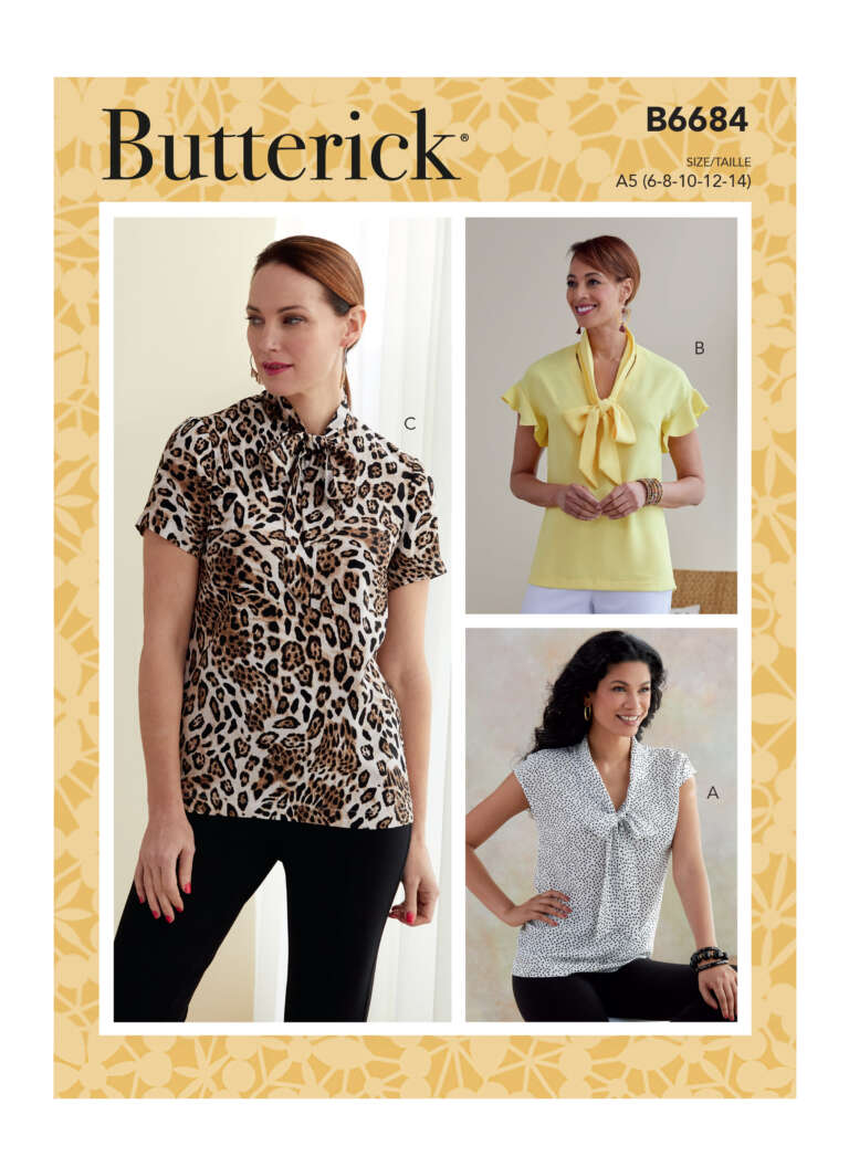 Butterick B6684 sewing pattern cover featuring three women's blouses: a leopard print short sleeve top (blouse C), a yellow short sleeve top with a bow tie (blouse D), and a white short sleeve top with black speckles (blouse A).