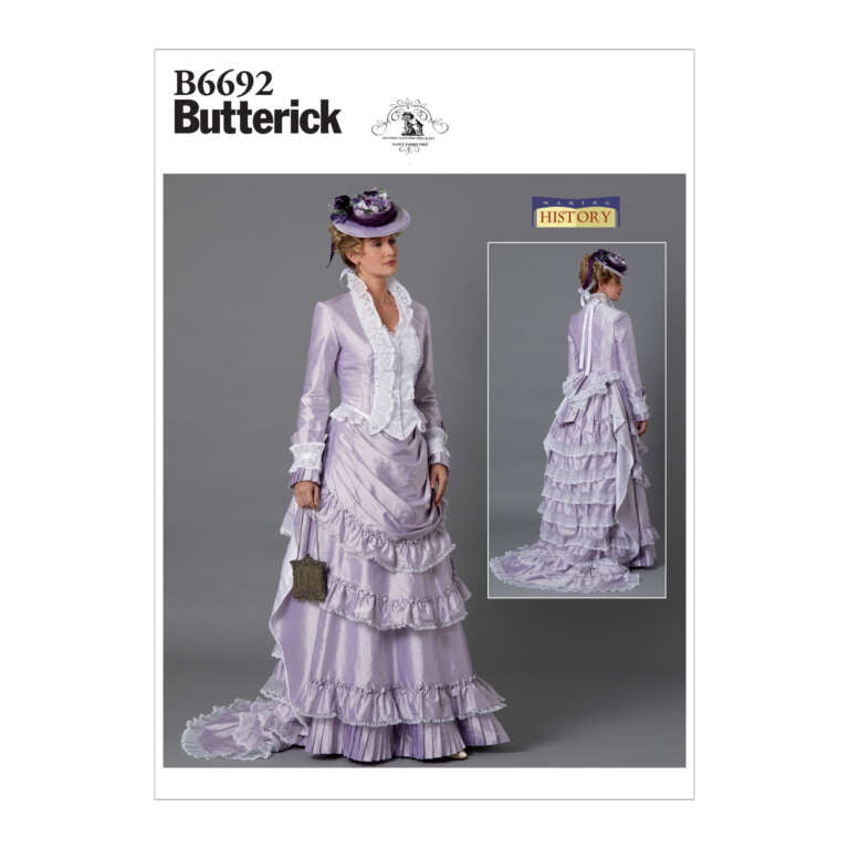 The image displays a Butterick sewing pattern (B6692) for a historical costume. The model wears a lavender Victorian-era dress with lace details, ruffles, and a bustle, complete with a matching purple hat. Both front and back views of the outfit are shown.