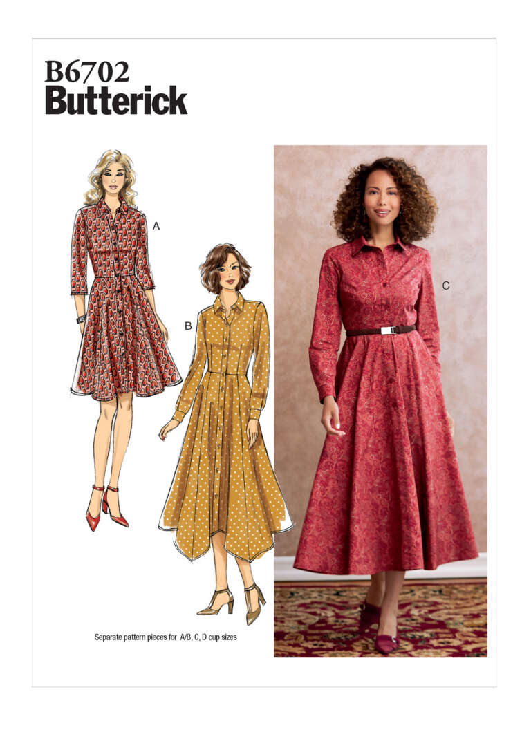 A Butterick sewing pattern cover, B6702, shows a woman in different views of a long-sleeved, collared dress with a belt: View A – short skirt with red floral, View B – mid-length skirt with gold polka dots, and View C – photo of a woman in a mid-length red floral dress.