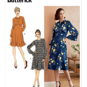 A sewing pattern cover for Butterick B6705. It features three versions of a knee-length, long-sleeve dress with a ruffle on the hem and around the neckline. The versions are shown in orange, floral, and blue floral fabric. A woman models the blue floral dress.