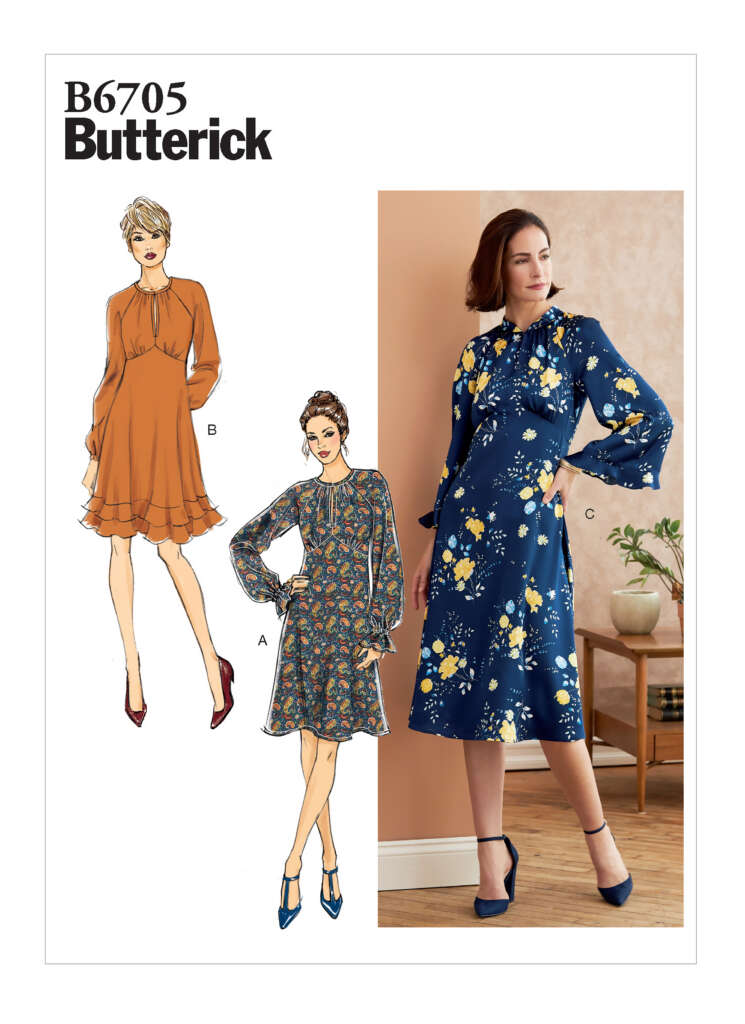 A sewing pattern cover for Butterick B6705. It features three versions of a knee-length, long-sleeve dress with a ruffle on the hem and around the neckline. The versions are shown in orange, floral, and blue floral fabric. A woman models the blue floral dress.