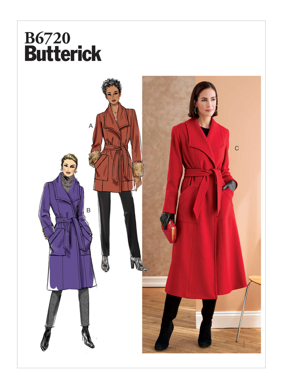 Butterick sewing pattern B6720 featuring three women's trench coats with belt tie waists. Illustration A shows a brown coat with fur cuffs, Illustration B shows a purple coat, and Image C shows a model in a red coat and black boots standing indoors.
