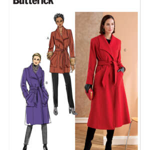 Butterick sewing pattern B6720 featuring three women's trench coats with belt tie waists. Illustration A shows a brown coat with fur cuffs, Illustration B shows a purple coat, and Image C shows a model in a red coat and black boots standing indoors.