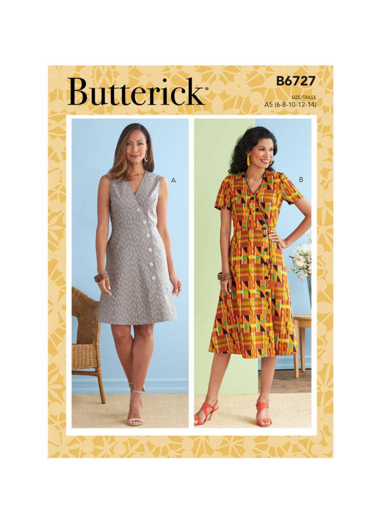 Butterick sewing pattern B6727 envelope. The cover shows two designs: A, a sleeveless, knee-length, gray buttoned dress on the left, and B, a short-sleeved, knee-length, multicolored patterned dress on the right. Both are modeled by women standing in styled settings.