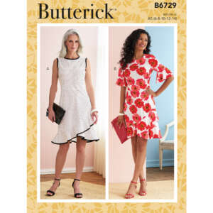 Butterick sewing pattern B6729 cover. The pattern features two women. Model A wears a sleeveless, white, ruffled dress with black trim. Model B wears a red and white floral, bell-sleeve dress. Both hold red clutches. Pattern includes sizes (6-8-10-12-14).