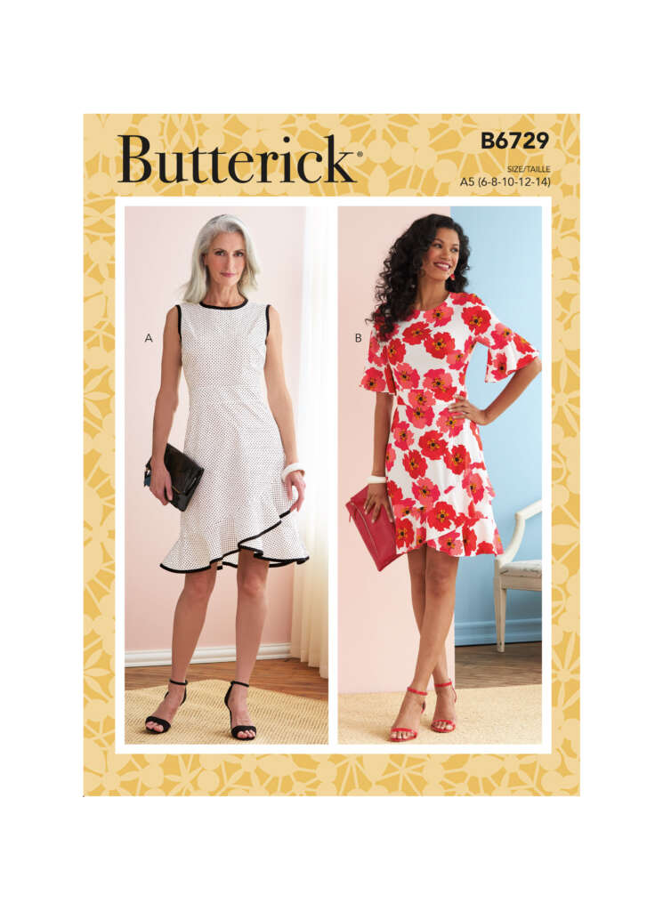 Butterick sewing pattern B6729 cover. The pattern features two women. Model A wears a sleeveless, white, ruffled dress with black trim. Model B wears a red and white floral, bell-sleeve dress. Both hold red clutches. Pattern includes sizes (6-8-10-12-14).