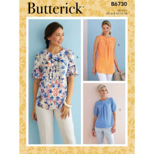 Butterick B6730 sewing pattern cover featuring three different blouse designs. Pattern A is a sleeveless, orange patterned blouse; Pattern B is a floral blouse with flutter sleeves; Pattern C is a short-sleeved, solid blue blouse. Sizes 6-8-10-12-14.