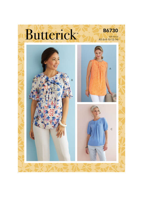 Butterick B6730 sewing pattern cover featuring three different blouse designs. Pattern A is a sleeveless, orange patterned blouse; Pattern B is a floral blouse with flutter sleeves; Pattern C is a short-sleeved, solid blue blouse. Sizes 6-8-10-12-14.